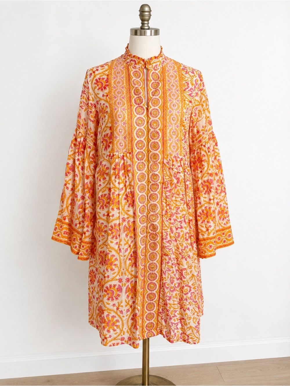 Bella Tu Boho Embroidered Mini Dress Medium Orange Pink Floral